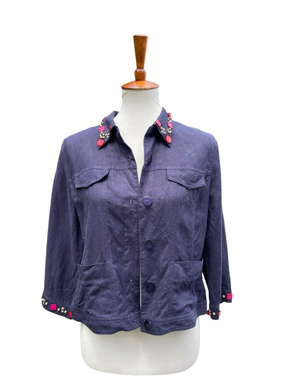 Ruby Rd Women's Size 16 Jacket Blue Linen Embellished Collar & Cuffs Lightweight